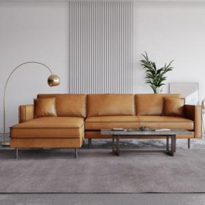Mid-Century Tan 100% Genuine Cowhide Leather Sofa Sectional